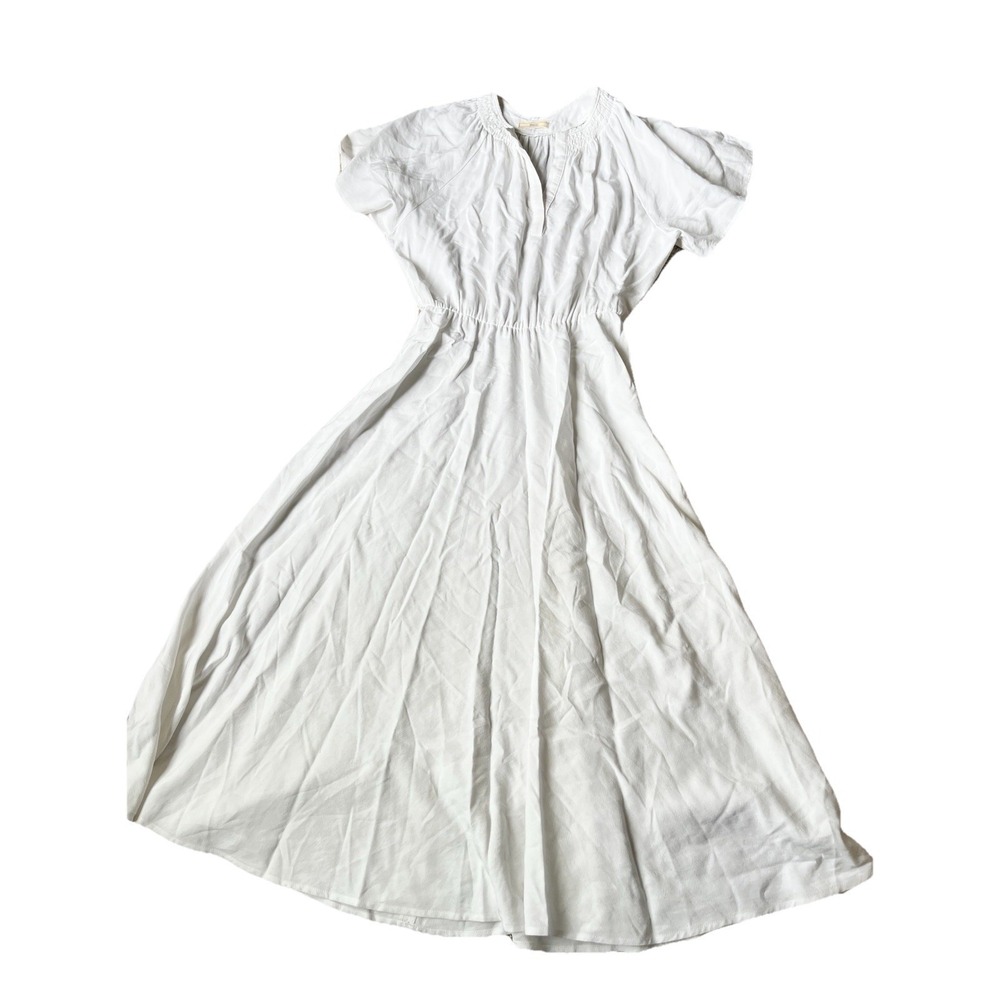 Sessun French Fit Flare Short Sleeve Smocked Linen White Dress Lady Spring Small